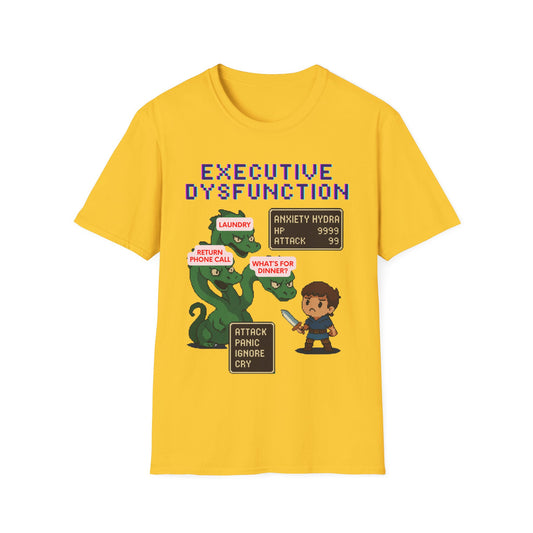 Executive Dysfunction RPG T-Shirt — Cute Anxiety Monster Pixel Art Tee