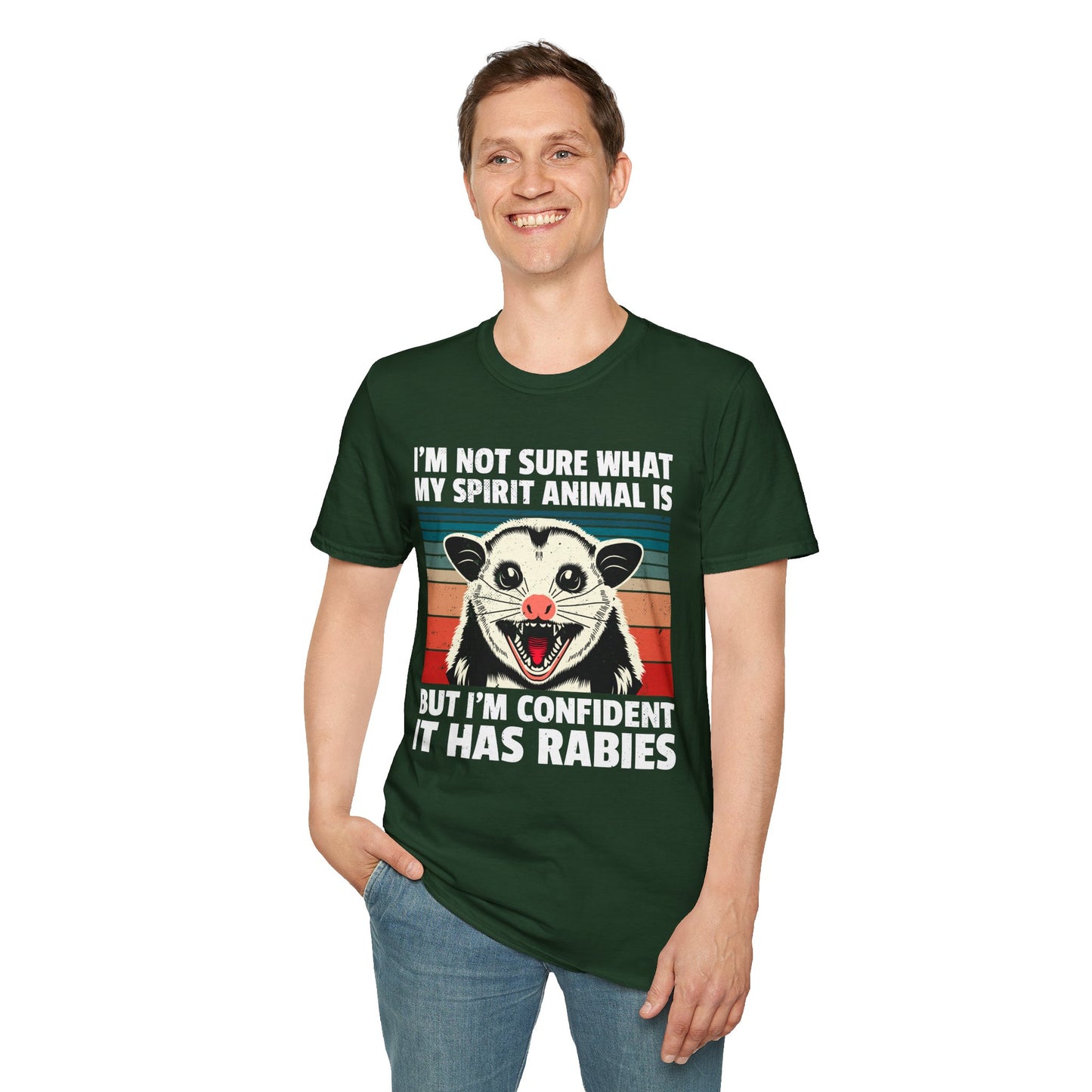 Funny Possum T-Shirt — "I’m Not Sure What My Spirit Animal Is But I’m Confident It Has Rabies" Retro Design