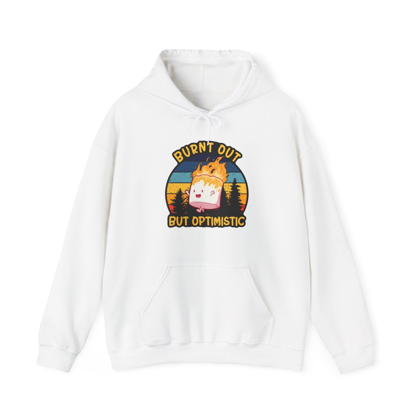 "Burnt Out But Optimistic" Hoodie — Cute Retro Campfire Graphic Sweatshirt