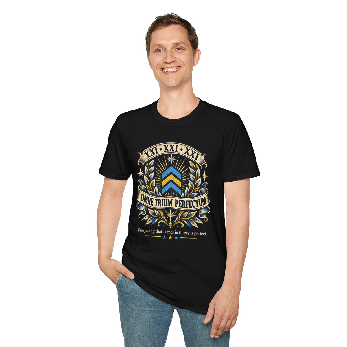 Omne Trium Perfectum – Down Syndrome Awareness T-Shirt | Trisomy 21 Three Chevron Tee