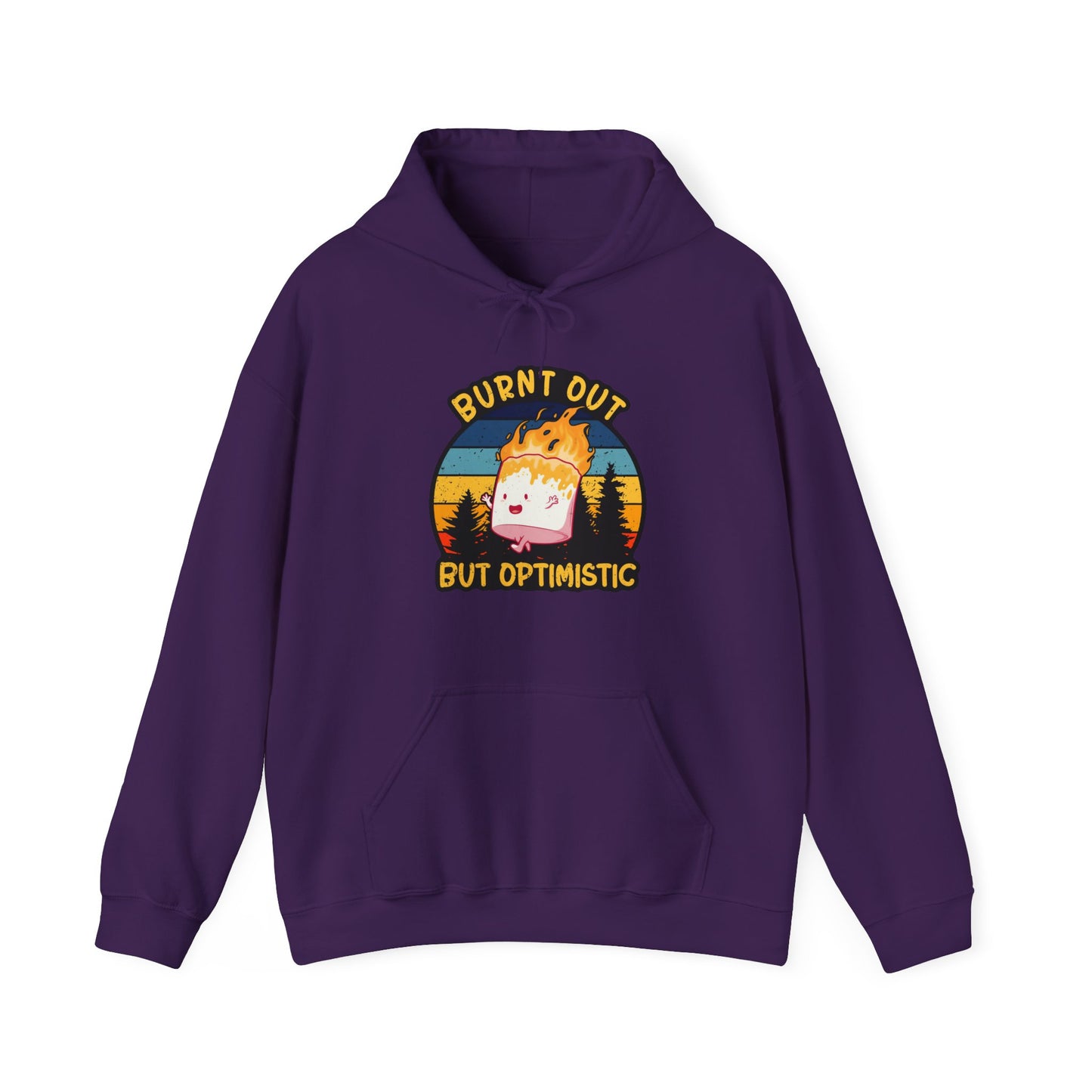 "Burnt Out But Optimistic" Hoodie — Cute Retro Campfire Graphic Sweatshirt