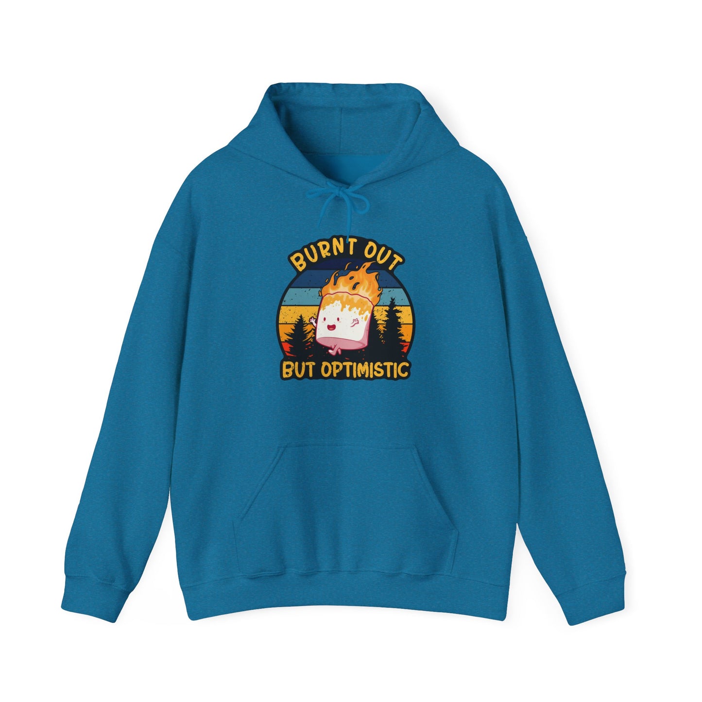 "Burnt Out But Optimistic" Hoodie — Cute Retro Campfire Graphic Sweatshirt
